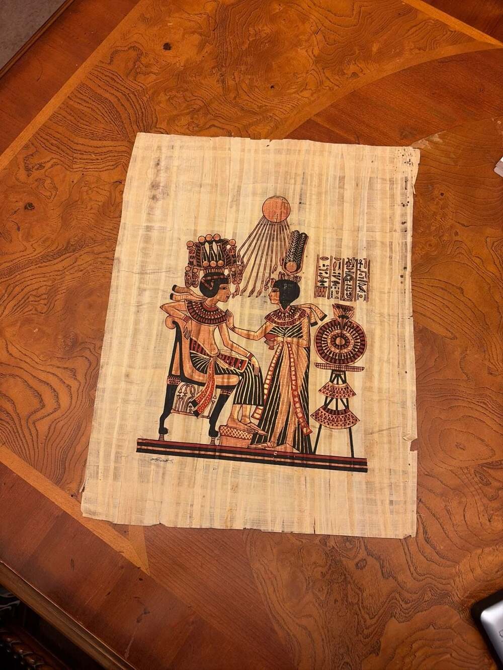 Vintage Hand Painted Egyptian Papyrus Painting King Tutankhamun and Queen Ankhes